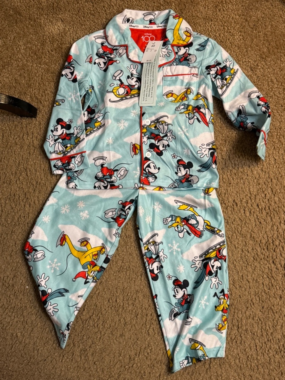 Disney Light Blue Mickey Mouse Holiday Pajamas with Red Trim